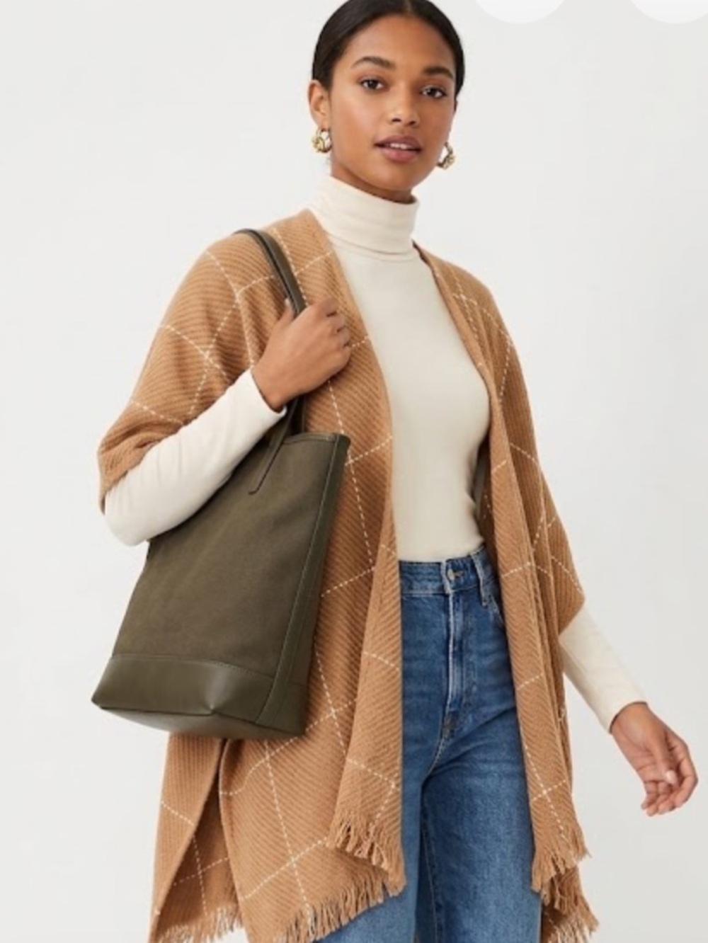 LOFT Camel Poncho Grid Pattern Fringed Open Front Shawl Wrap XS/S